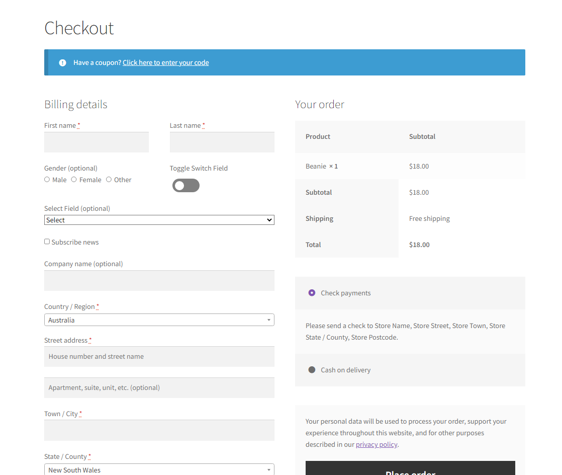 Checkout Fields Front End View