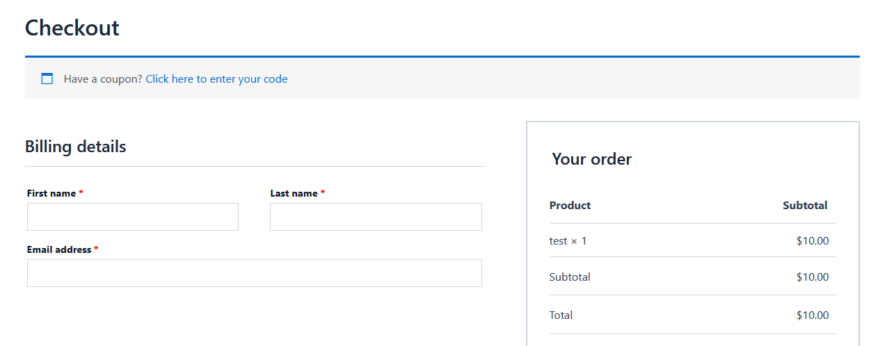 An example WooCommerce checkout page with a lot of fields disabled.