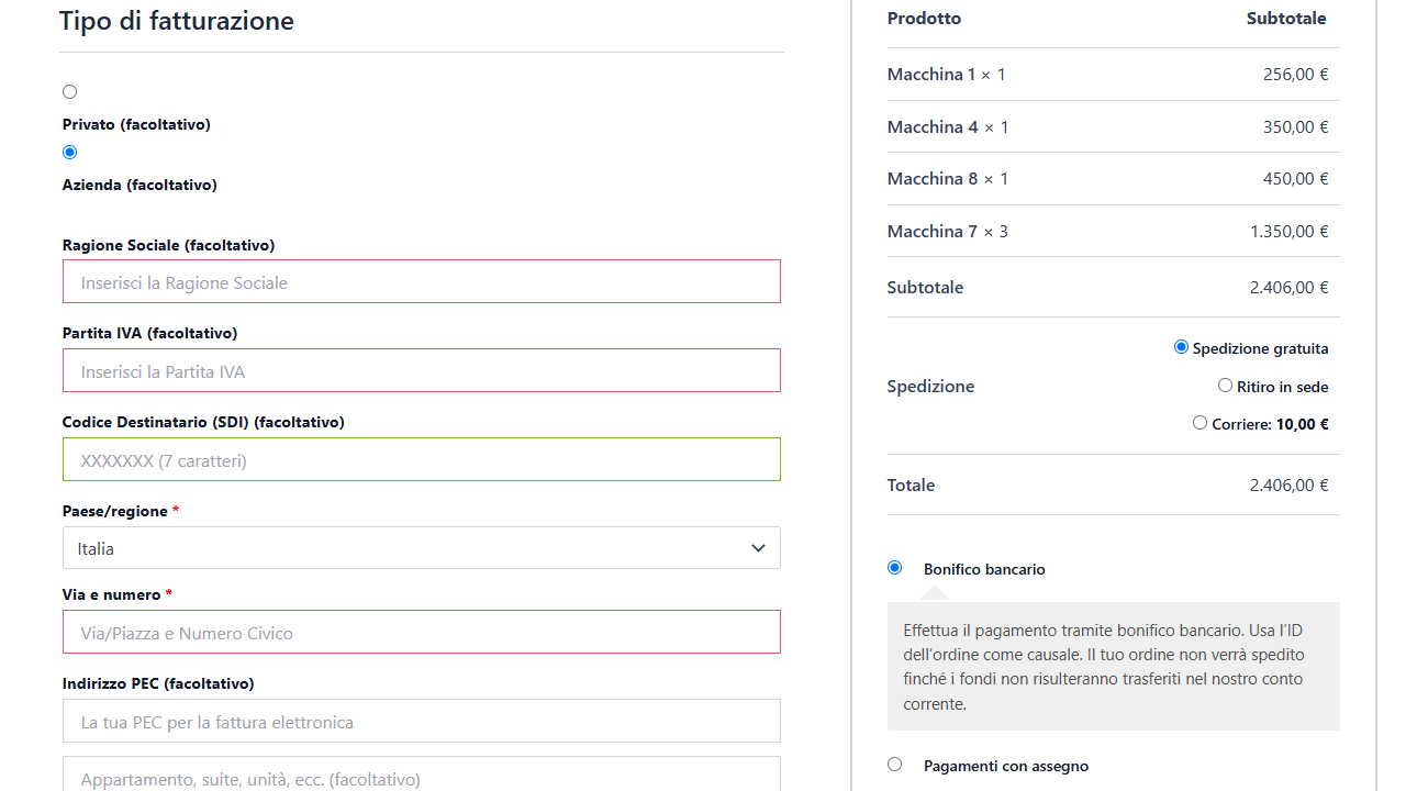 The fields displayed for a Company customer.