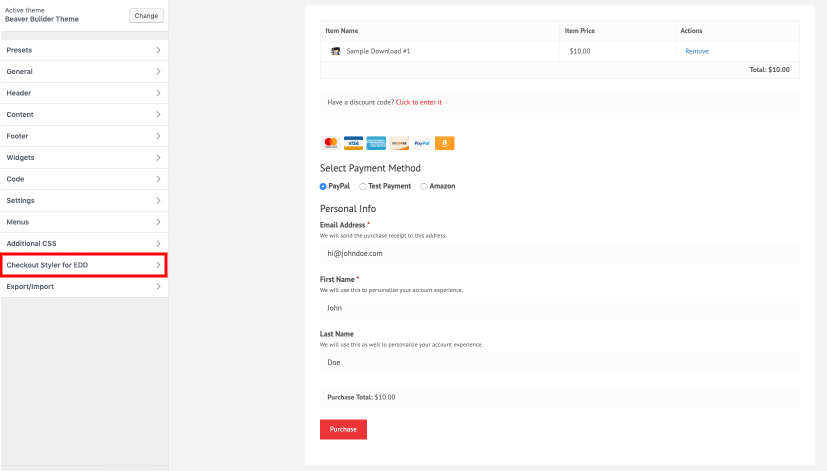 Checkout Styler for EDD in Customizer
