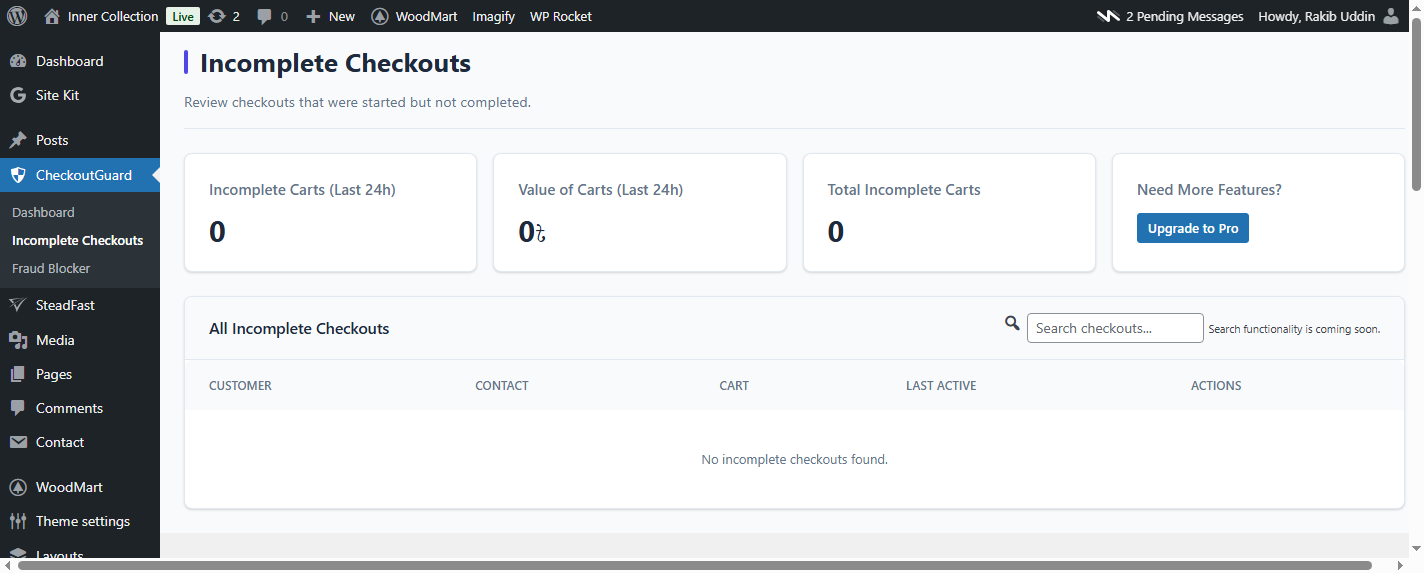 The "Incomplete Checkouts" page showing all captured carts. (screenshot-2.png)