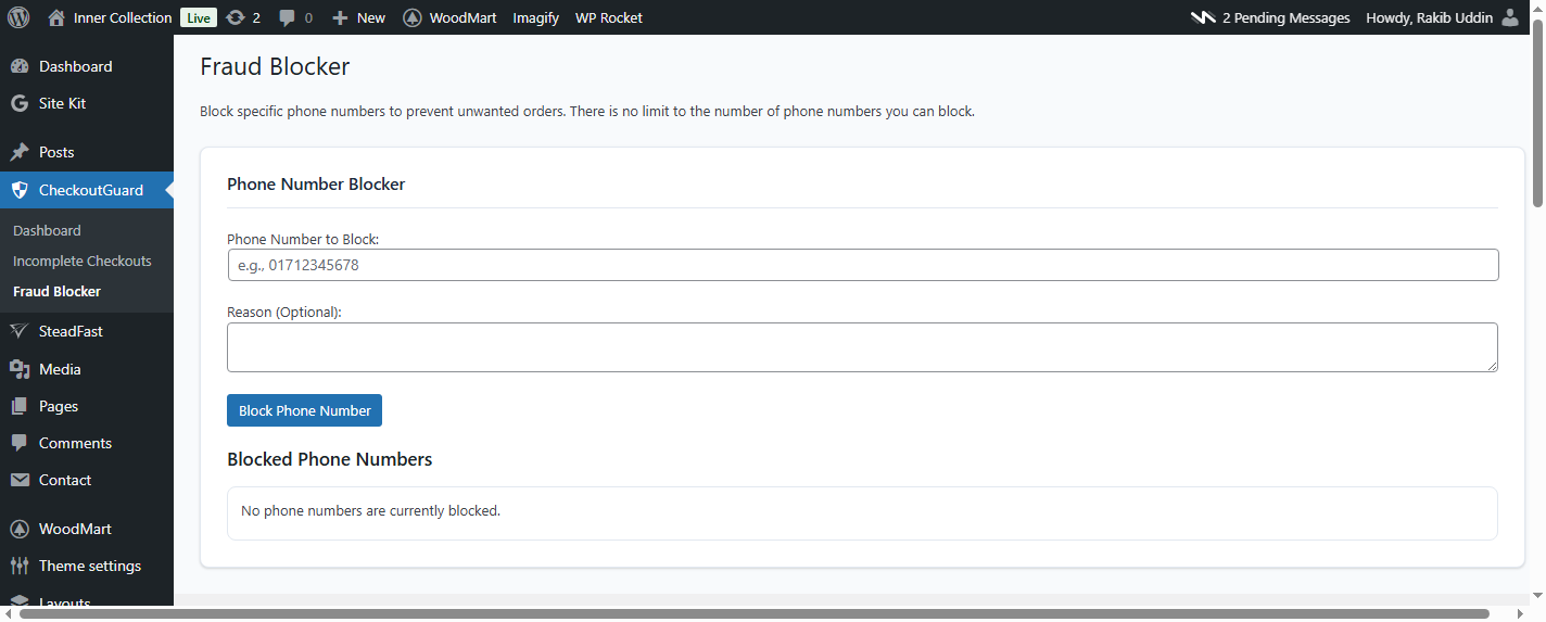 The "Fraud Blocker" page where you can block unlimited phone numbers. (screenshot-3.png)