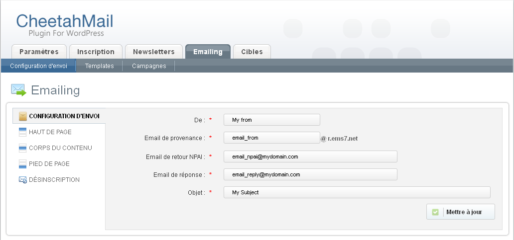 Screenshot of the Emails configuration.