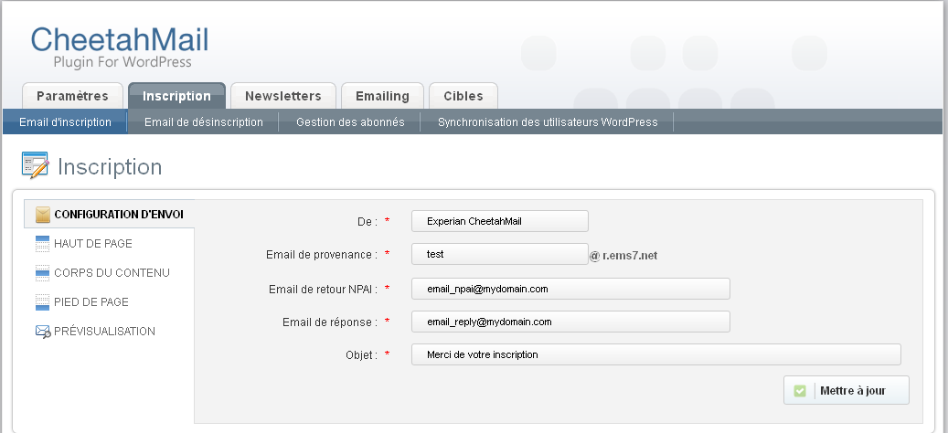 Screenshot of the Subscription configuration.