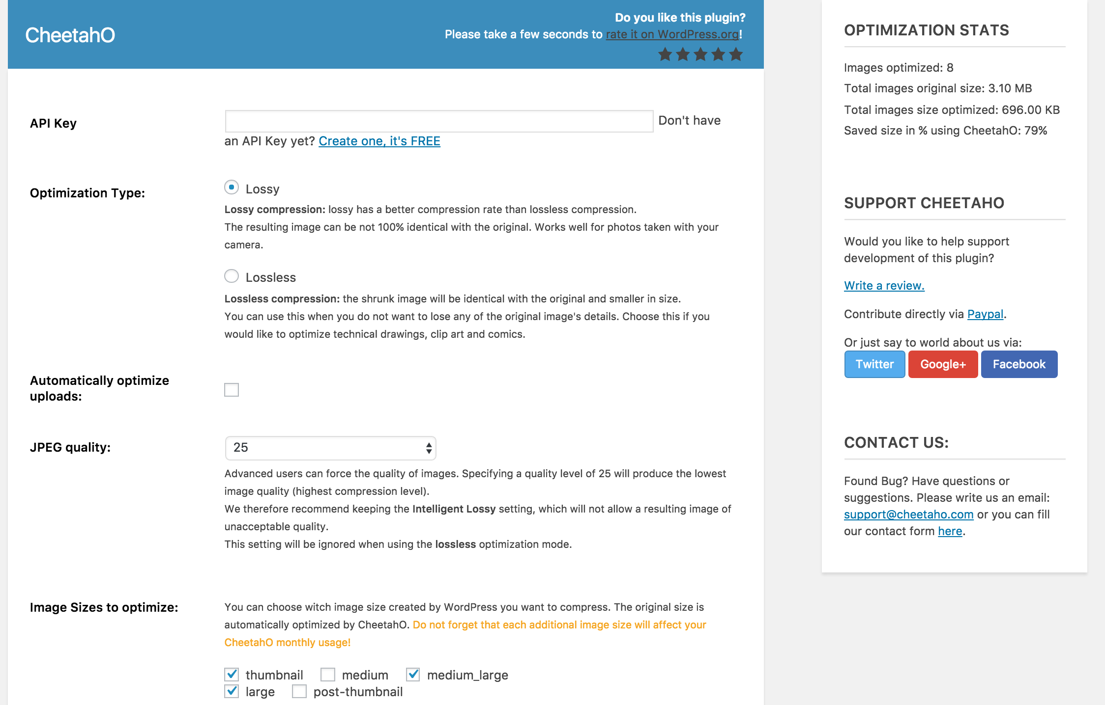 Cheetaho.com WordPress plugin settings page. You must enter your credentials, and select your optimization mode from there. `/assets/screenshot-1.png`