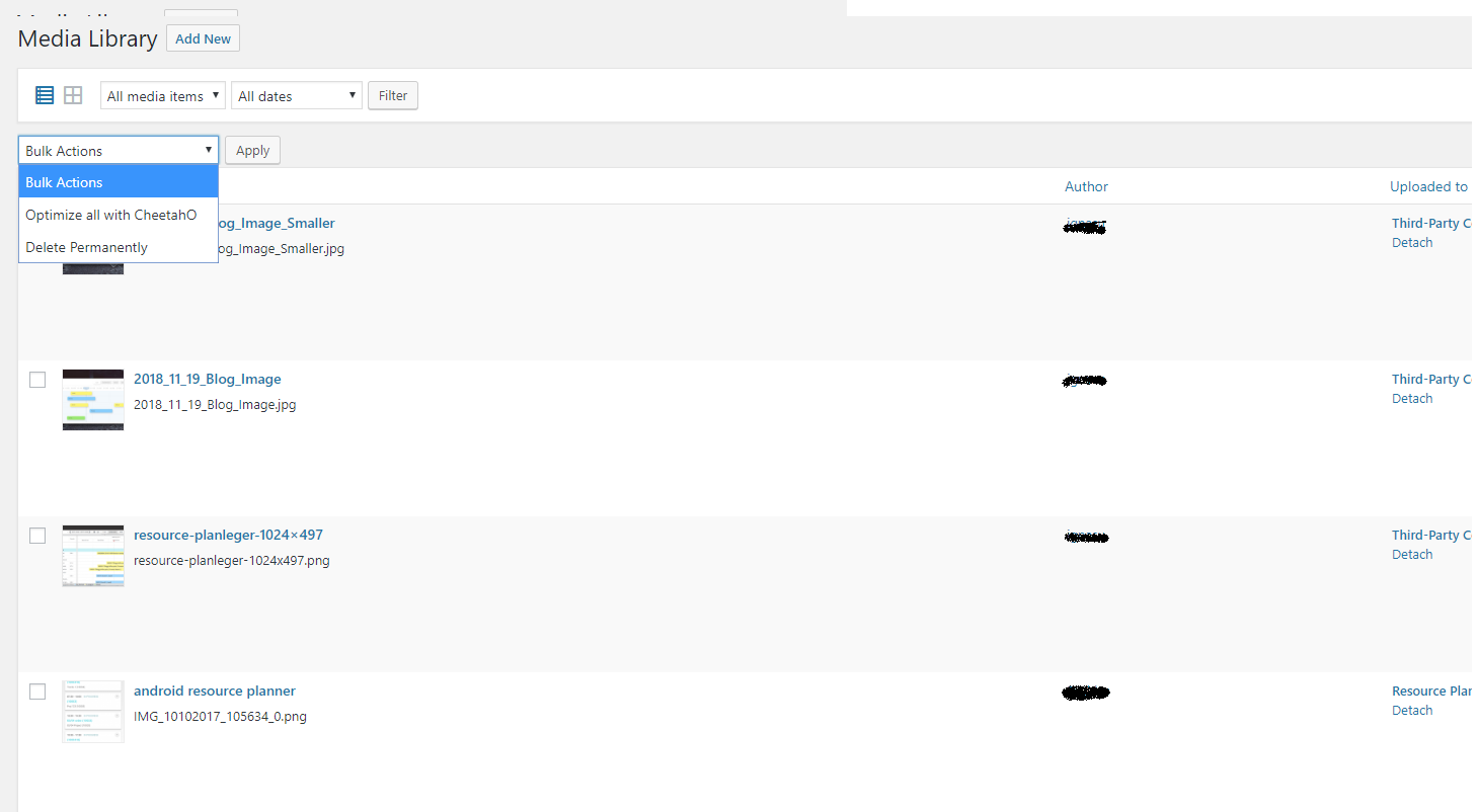 Bulk image optimization in media library.  `/assets/screenshot-4.png`