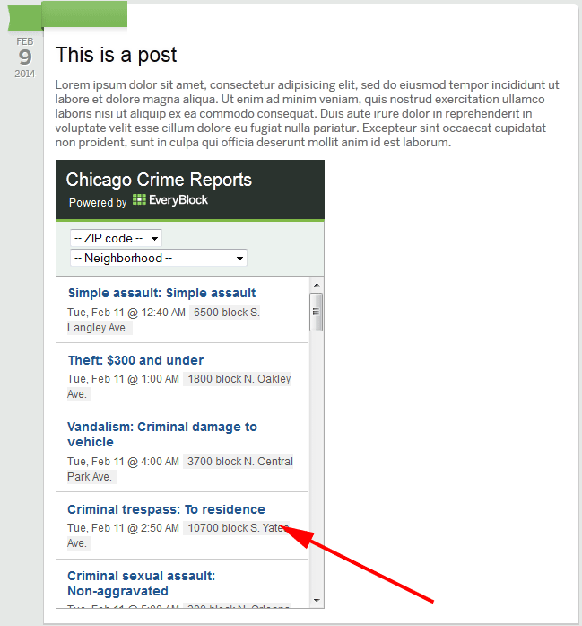 The crime widget added to a page.