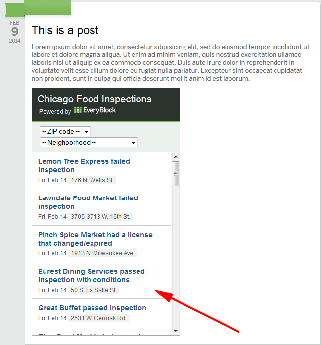 The food widget added to a page.
