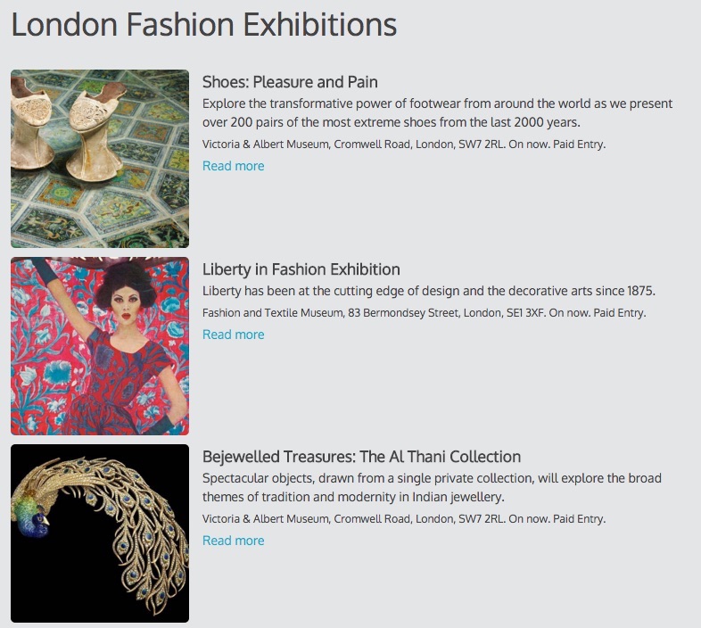 A single column calendar with the image to the left, showing London fashion exhibitions.