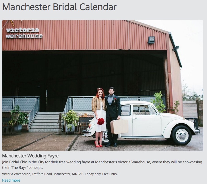 A single column calendar with an extra-large image, showing bridal events in Manchester.