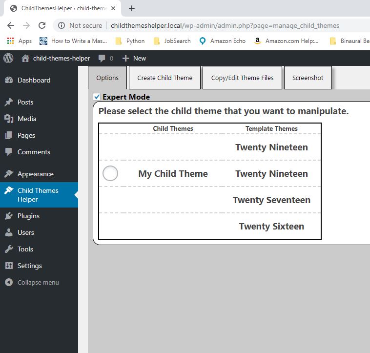 Once you have created a child theme, the first dialog will list the installed themes plus your new child theme. Click the large radio button to select your child theme. Note: this does NOT activate your child theme.