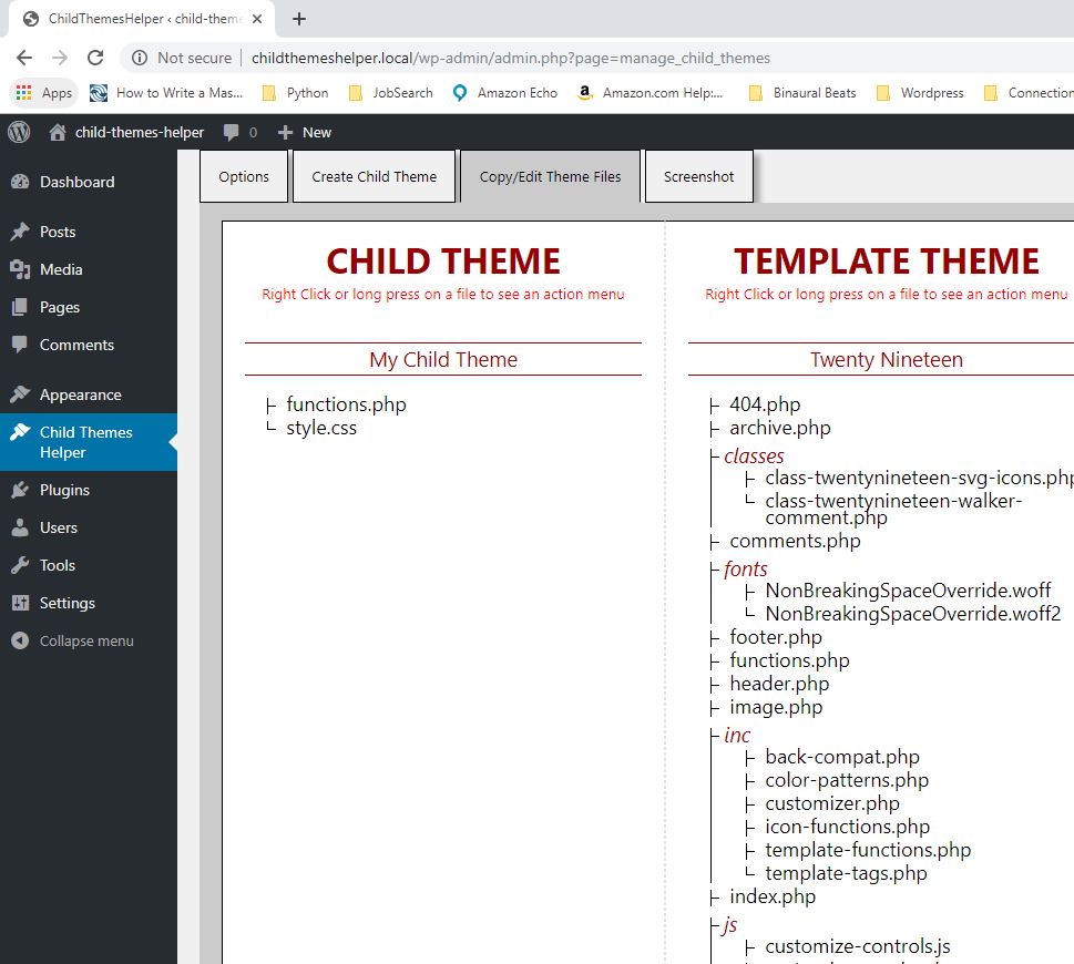 If your screen is wide enough, you will see the child theme files listed on the left and the parent theme files listed on the right. If you are using a mobile device or a tablet that is not wide enough, then you will only see the child theme files list or the parent theme files list, and a button where you can switch back and forth.
