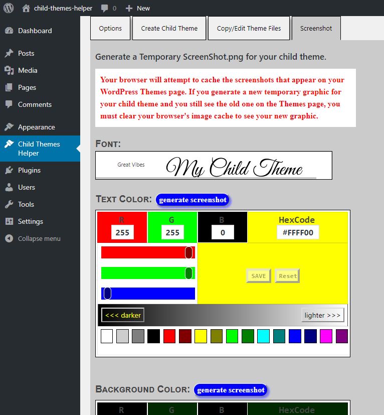 The Screenshot tab lets you create a temporary graphic that will display on the Dashboard >> Appearance >> Themes page for your child theme. Most developers will replace this image during their child theme development, but it makes a nice placeholder in the meantime.