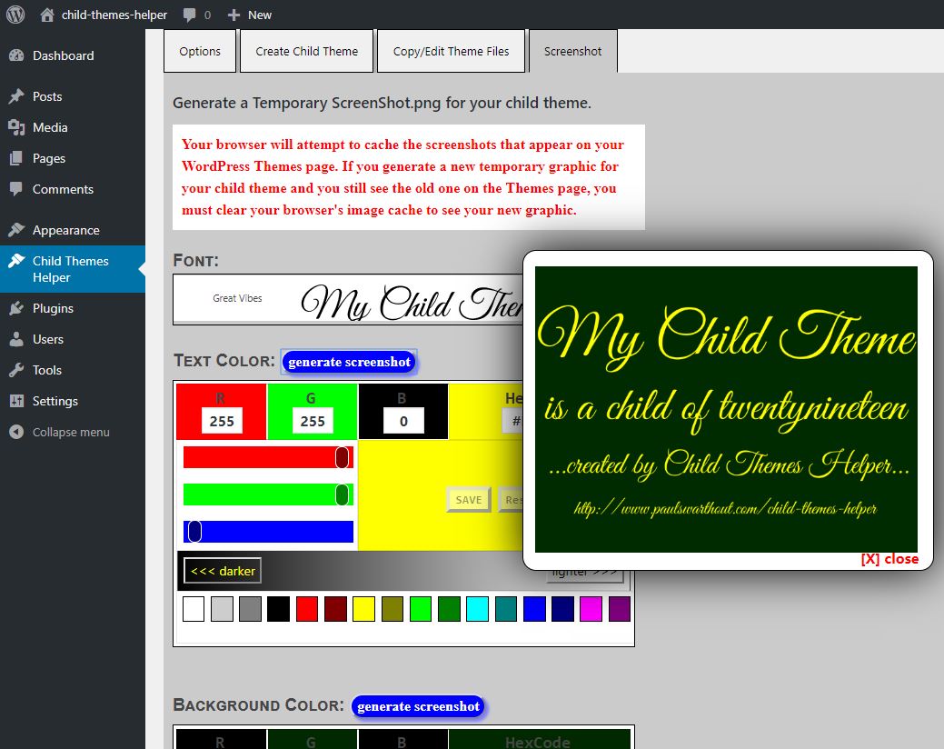 You can change the font, the text color, and the background color of your temporary graphic. You can add fonts to the plugin's ~/assets/fonts folder and they will be automatically available. Click the Generate Screenshot button and a window will open with a copy of your new temporary graphic. Go to the website's themes page to see it as it was intended to be used.