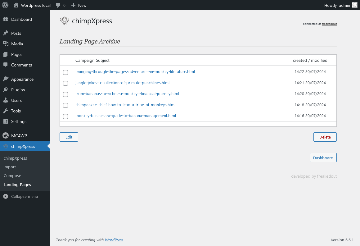 Landing page archive. Review and edit your existing landing pages.