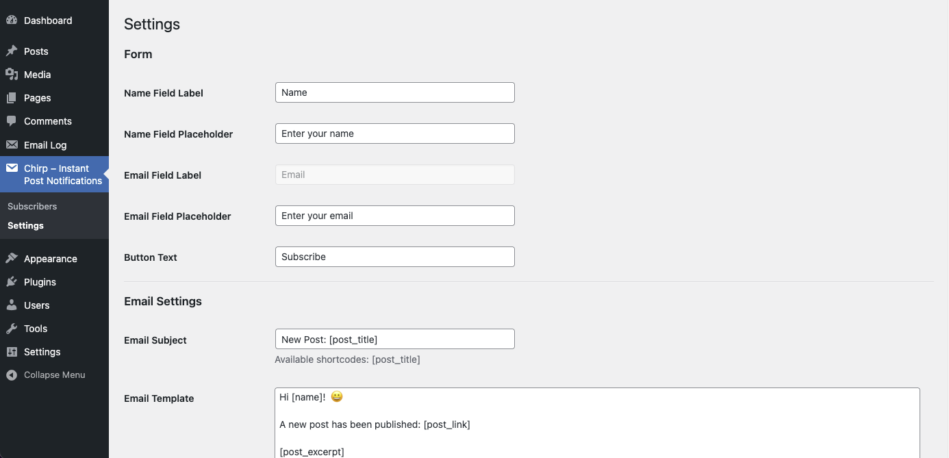 **Settings Page: Part 1** – Customize form labels, email content, and notification settings