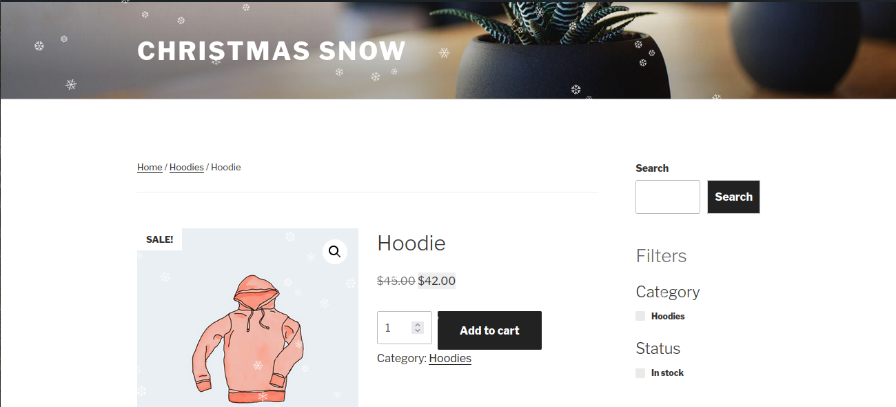 Snow effect on a WooCommerce product page