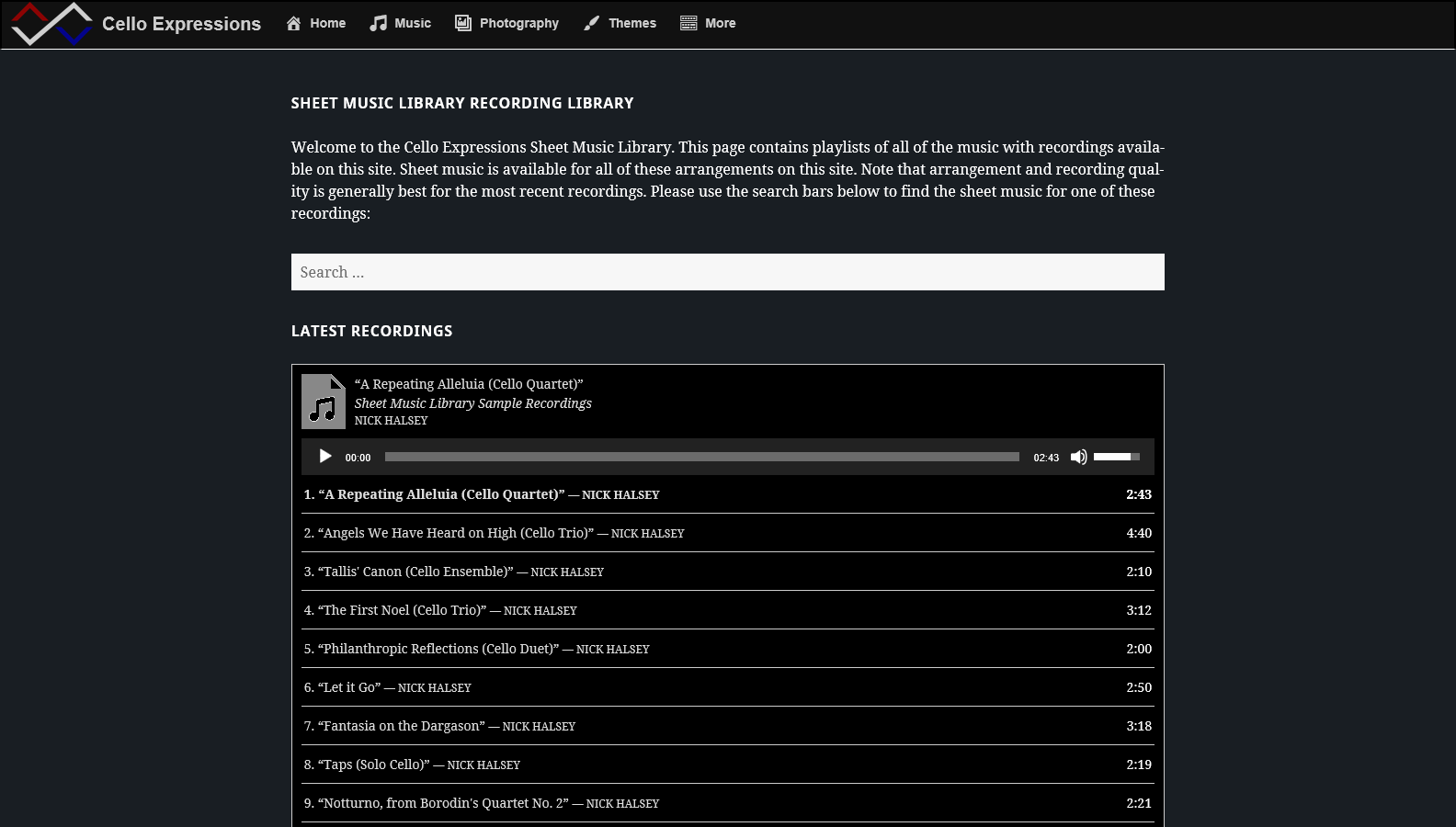 Example of a page featuring all of the audio on a site (via the Sheet Music library or Featured Audio plugins), with playlist widgets, text widgets, and search. <a href="https://celloexpressions.com/music/playlists/">See the live page here</a>.