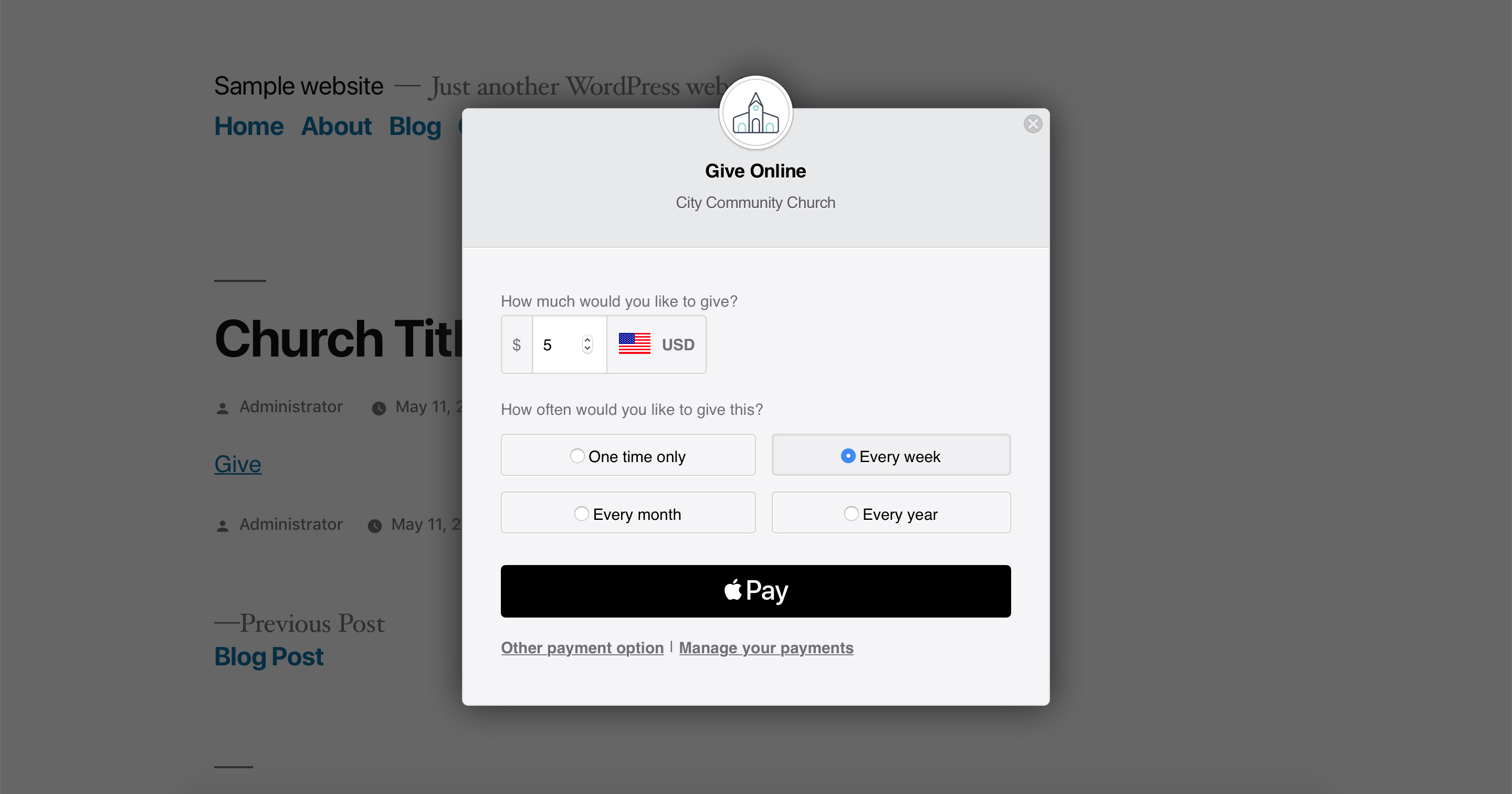 The tithe form using Apple Pay.
