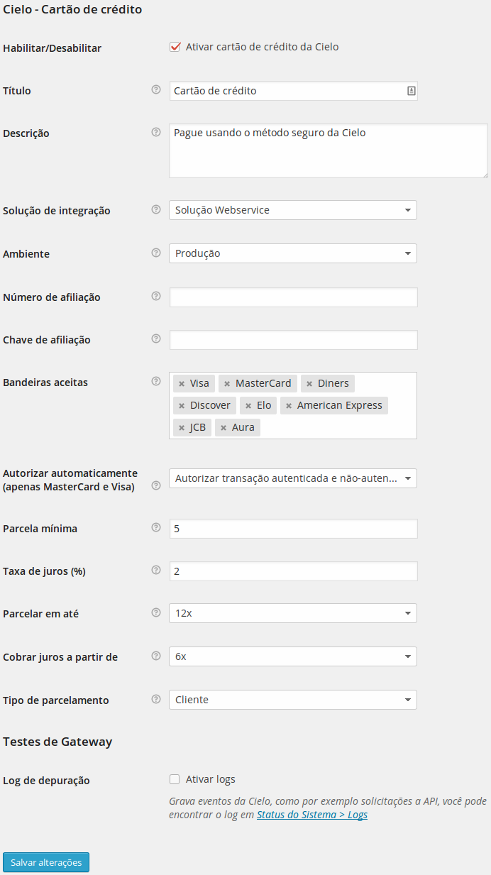 Configurações para cartão de crédito.