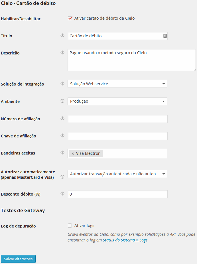 Configurações para cartão de débito.