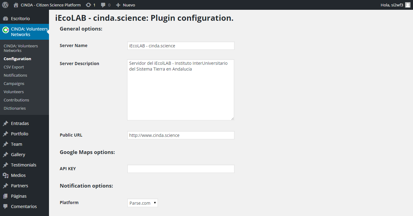 Initial configuration (CINDA Server name, Google Maps API Key, and so...)