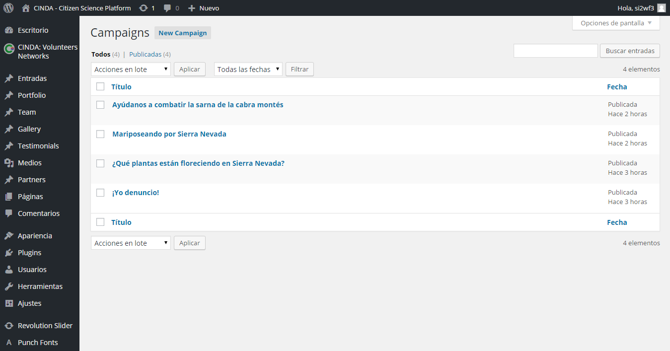 Sample list of campaigns on a demo server