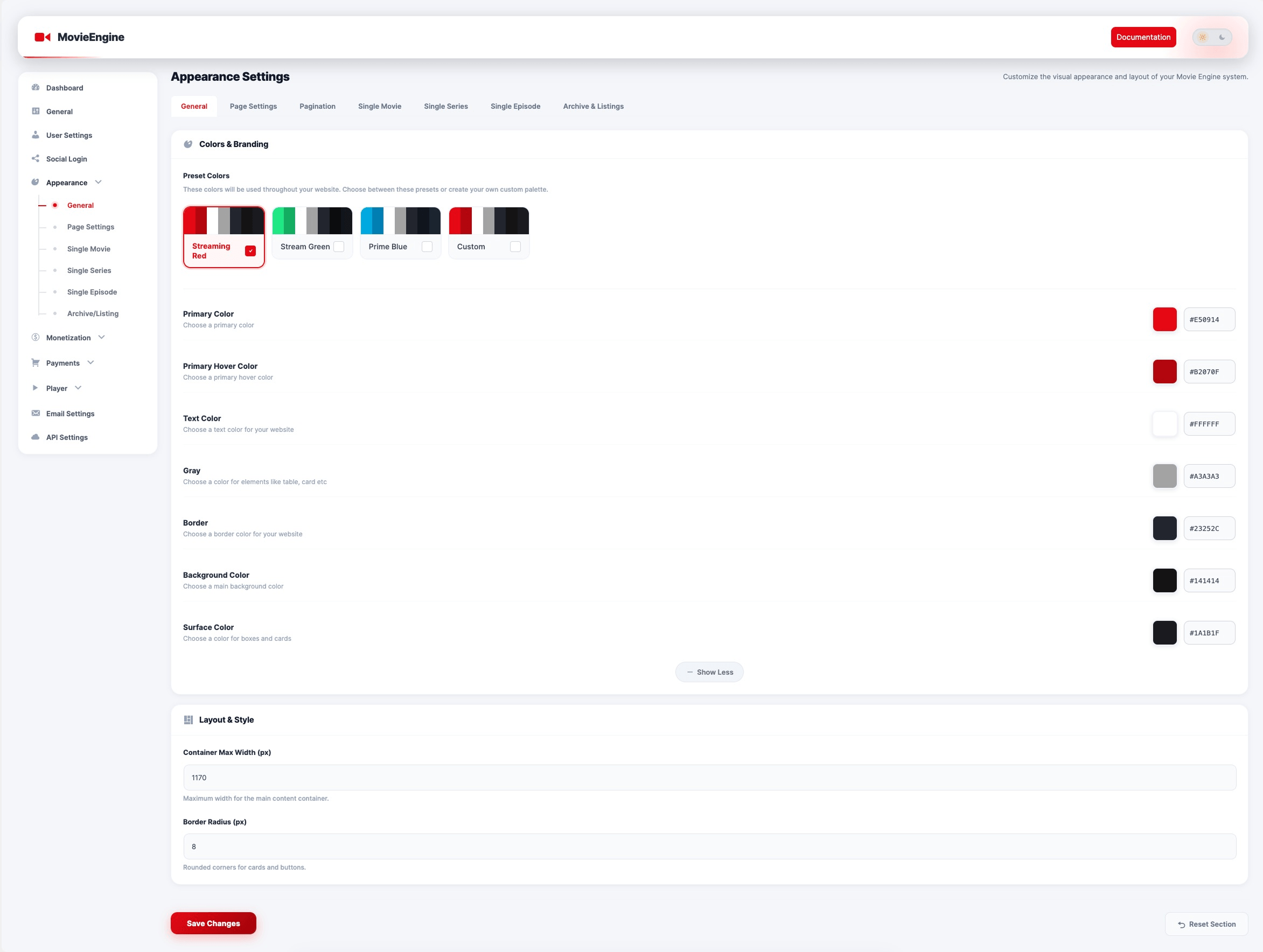Movie Single Page Settings