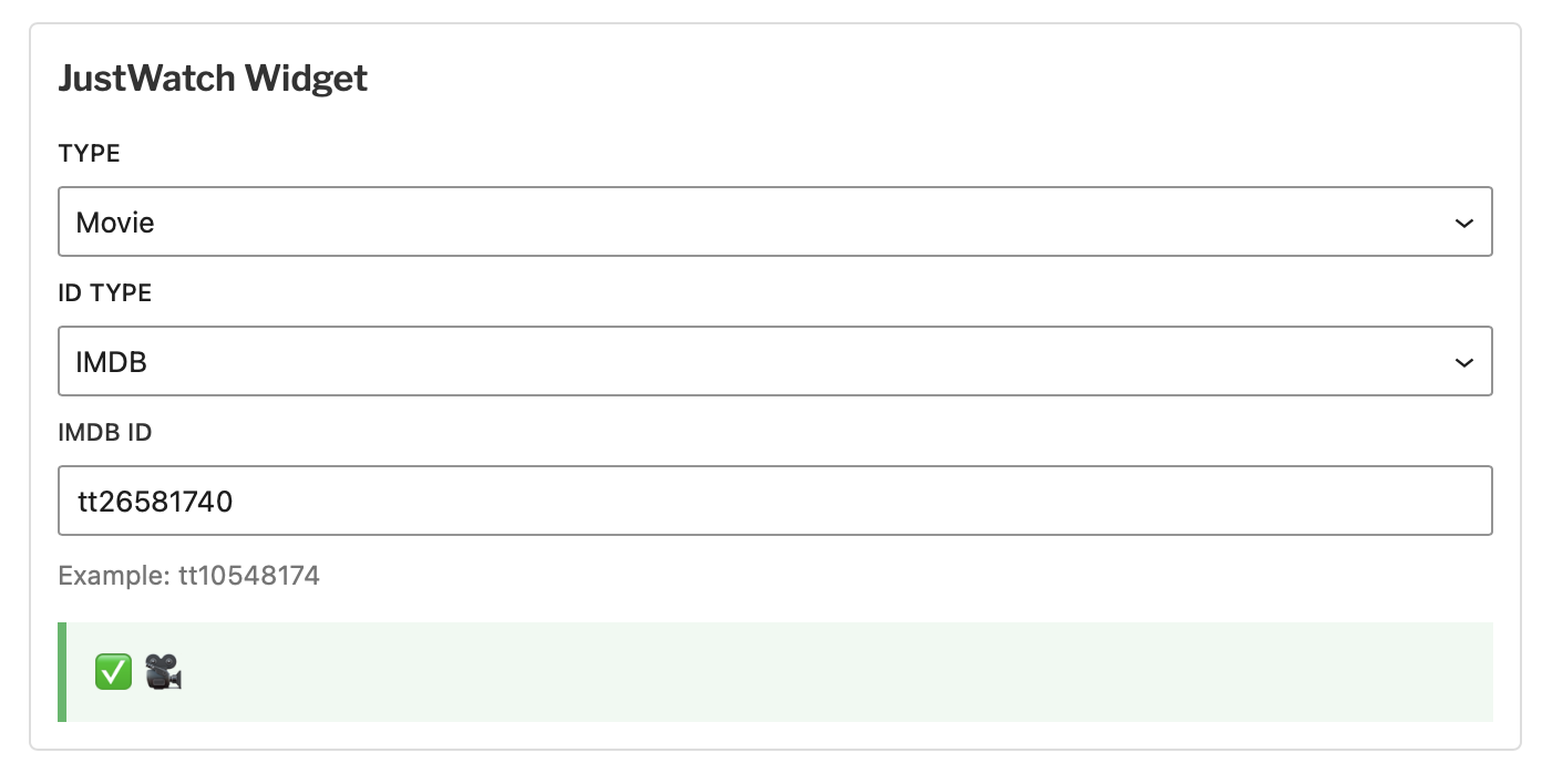 CineLink Embed for JustWatch block controls in the editor.
