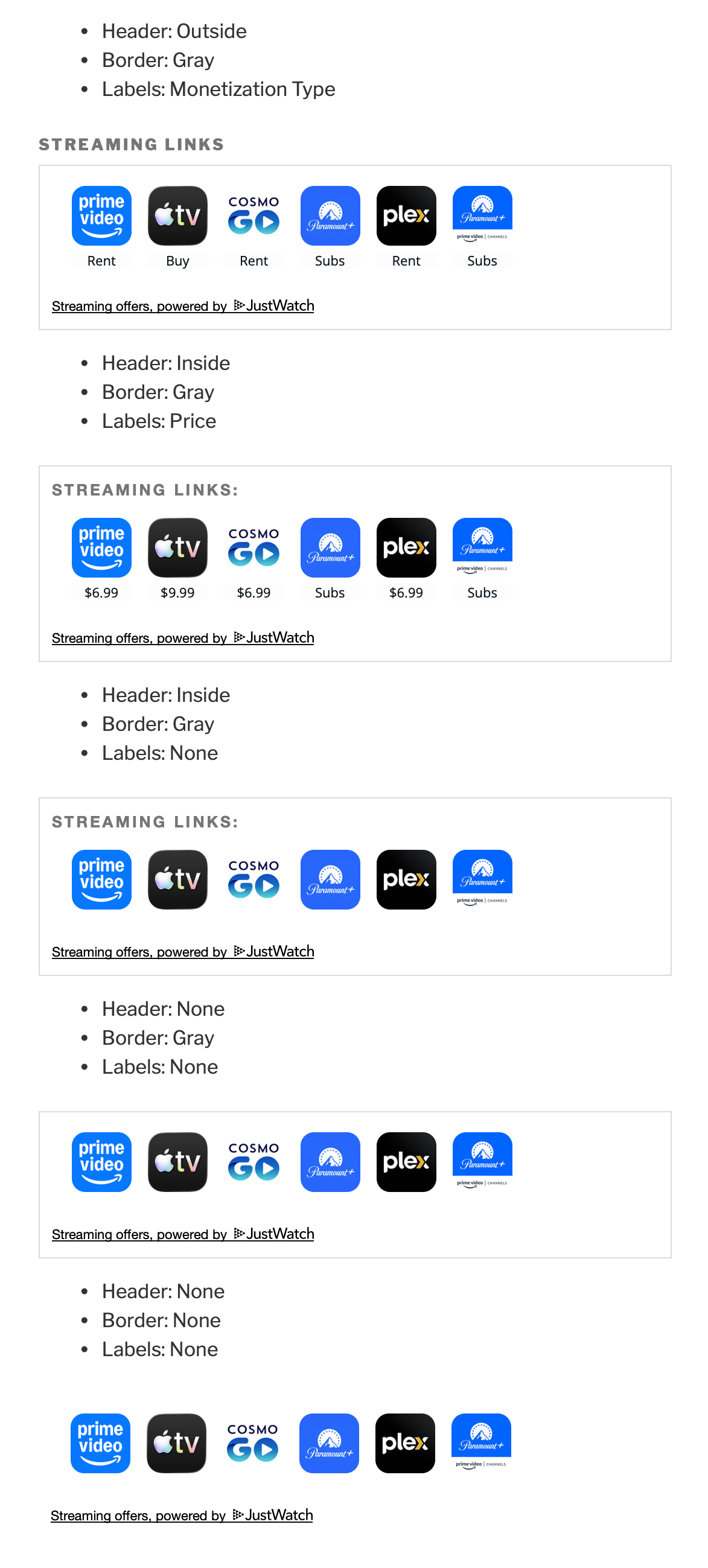 The widget rendered several different times. This does not represent all of the available customizations, just a taste of what's possible.
