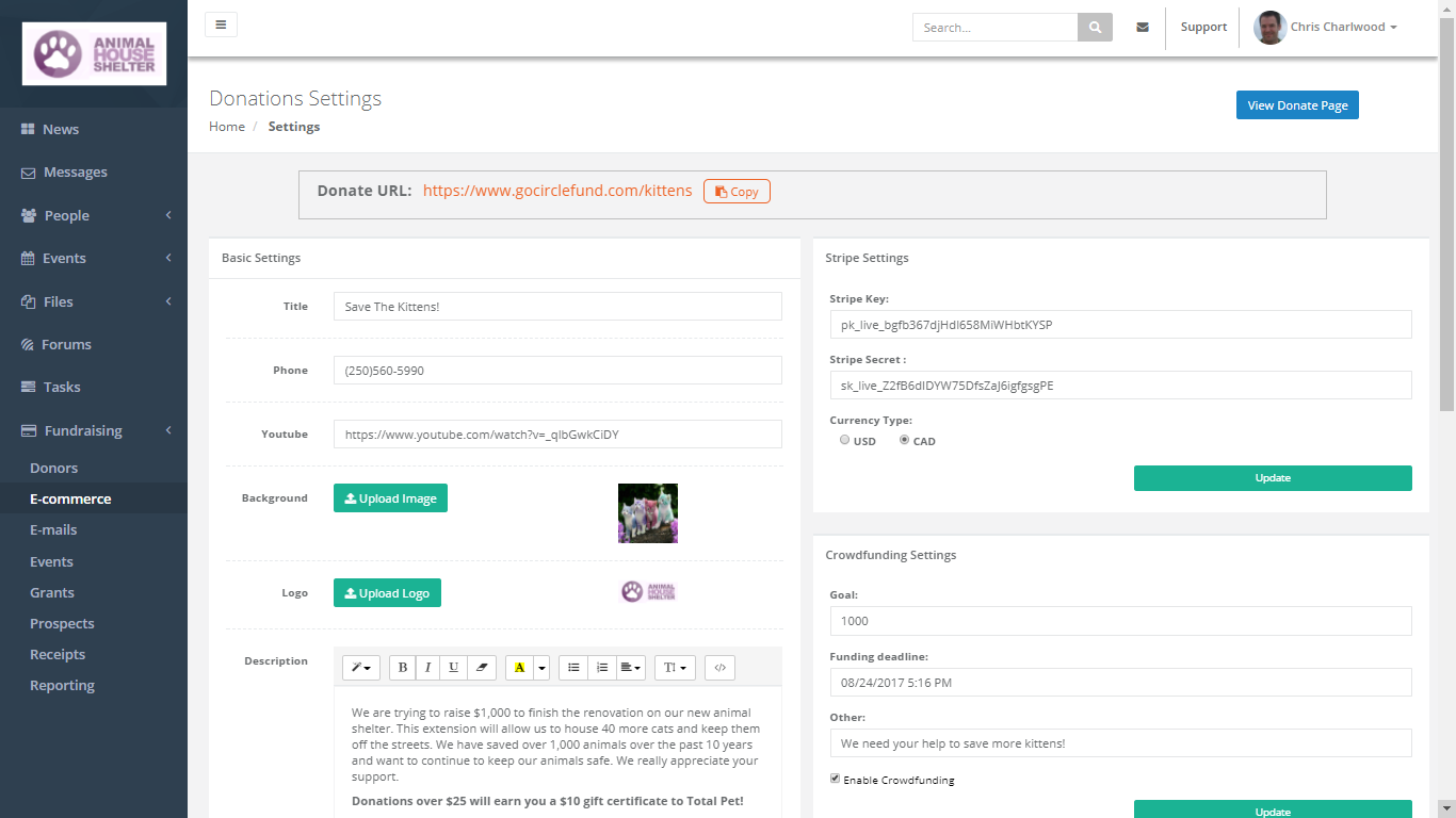 Crowdfunding Settings Page