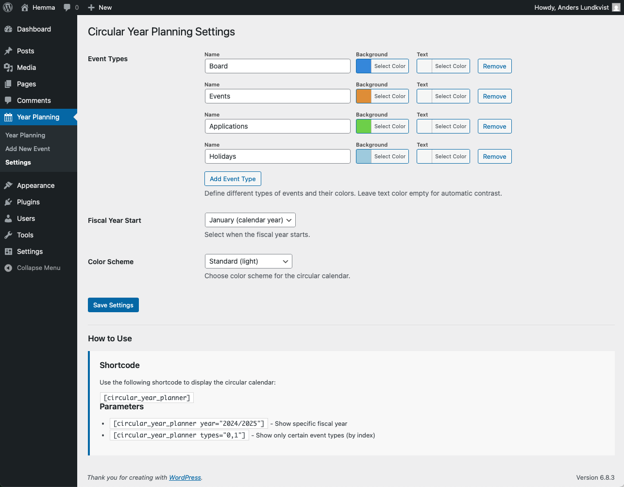 Administrative settings for event types