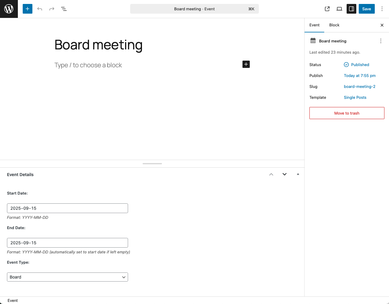 Event editor with dates and type