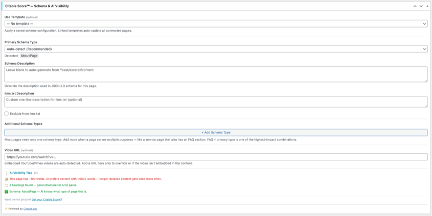 Organization settings with business type, description, logo, and article author type