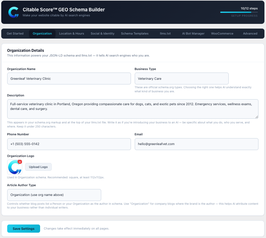 Location and opening hours with day-pill selector and structured time inputs
