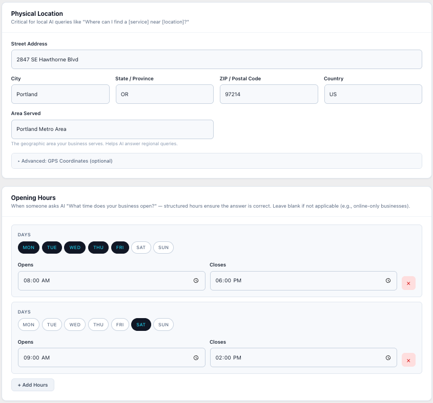 Social profiles with URL prefixes, directory links, founding date, and expertise topics