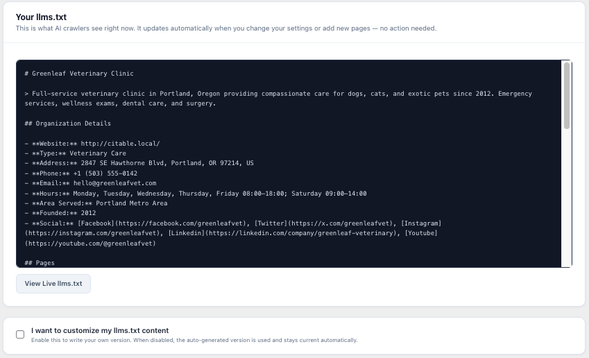 AI Bot Manager — toggle controls for 9 crawlers with educational trade-off descriptions