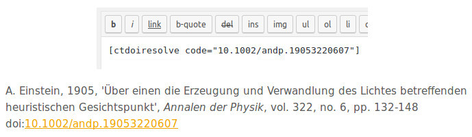 The doi resolver: the shortcode (up) and the results (down)