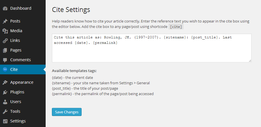 The Cite settings screen in WP Admin