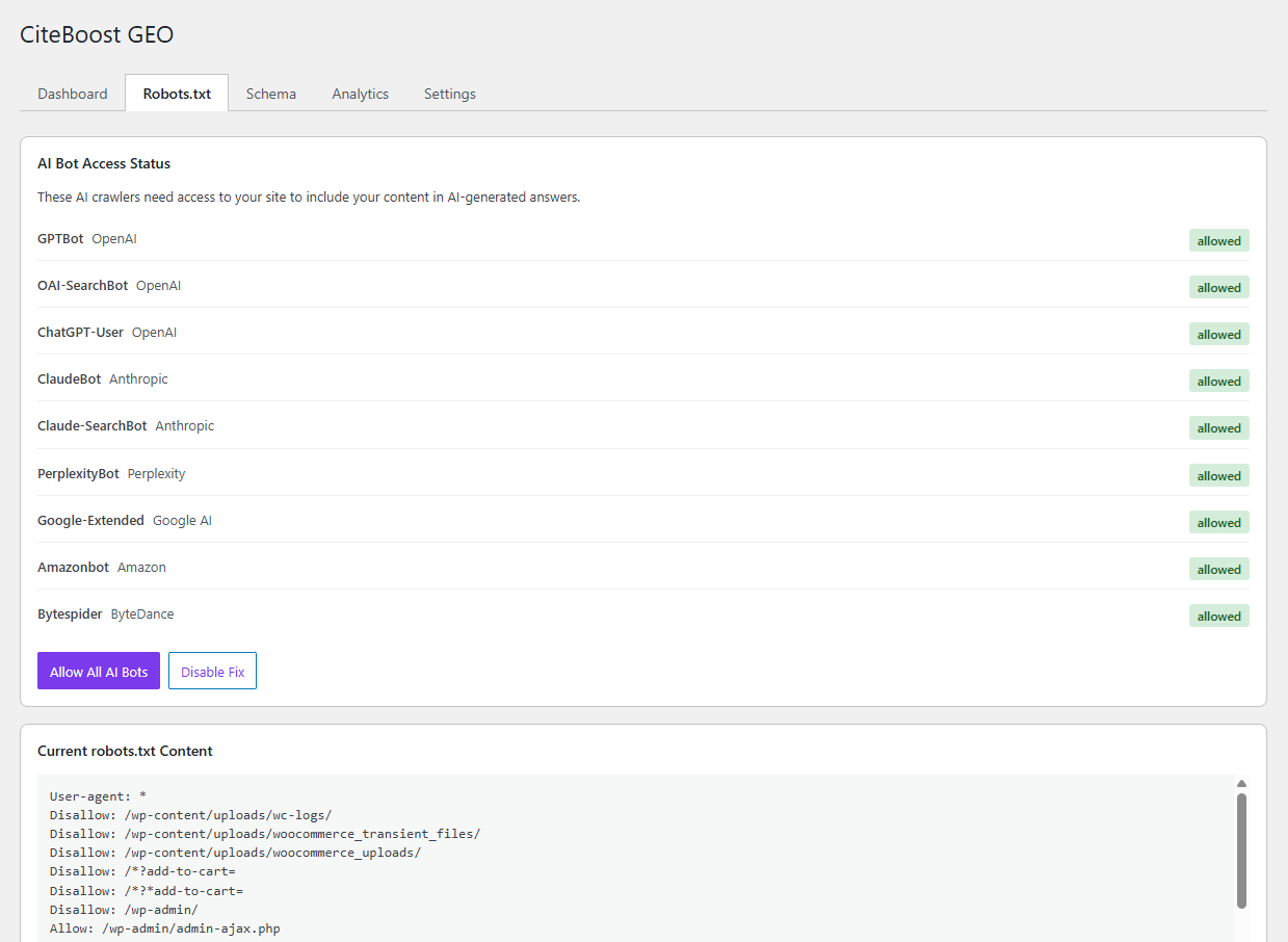 Robots.txt tab showing AI bot allow/block status with one-click fix