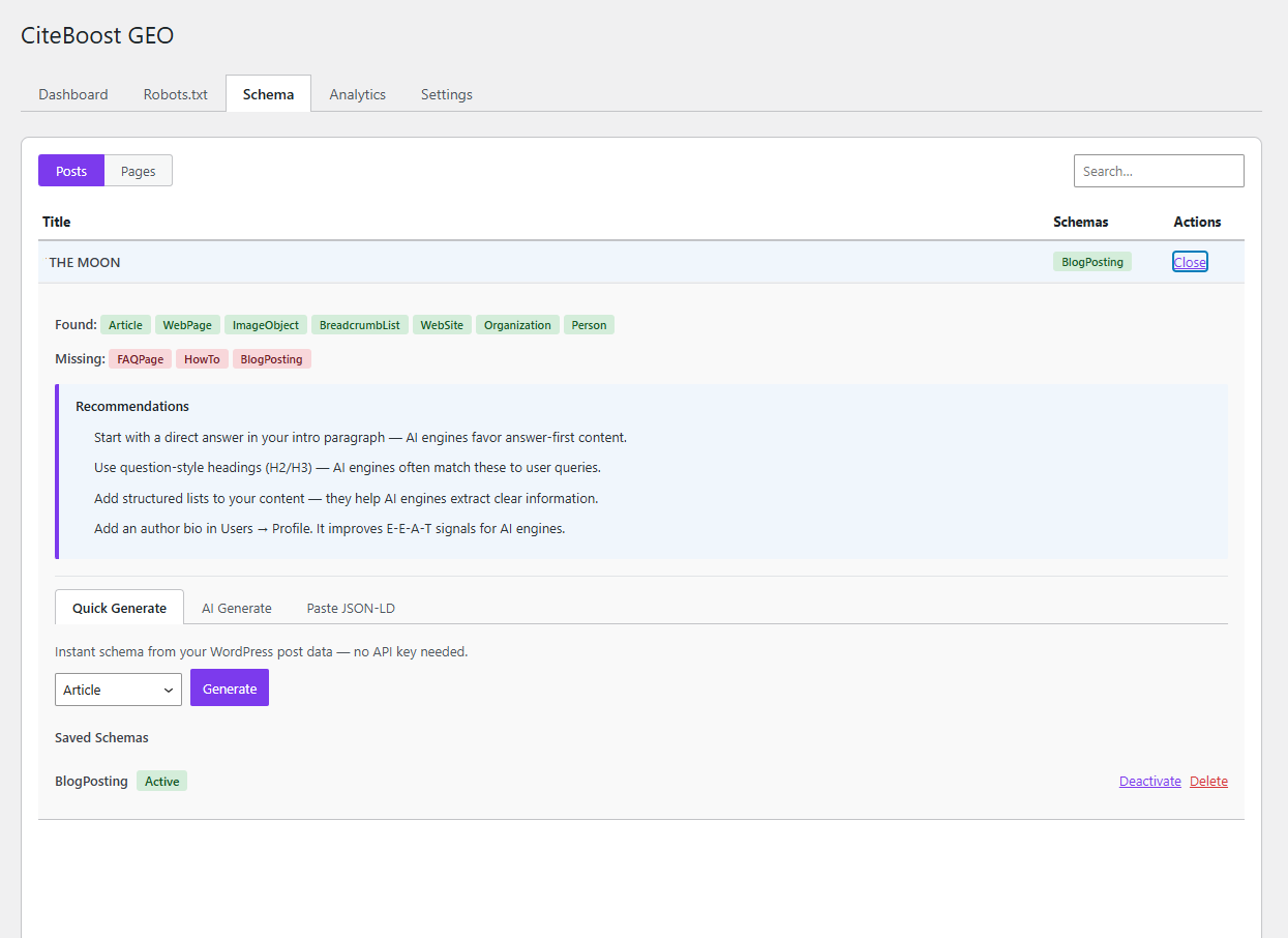 Schema tab with post list, schema type badges, and generation options