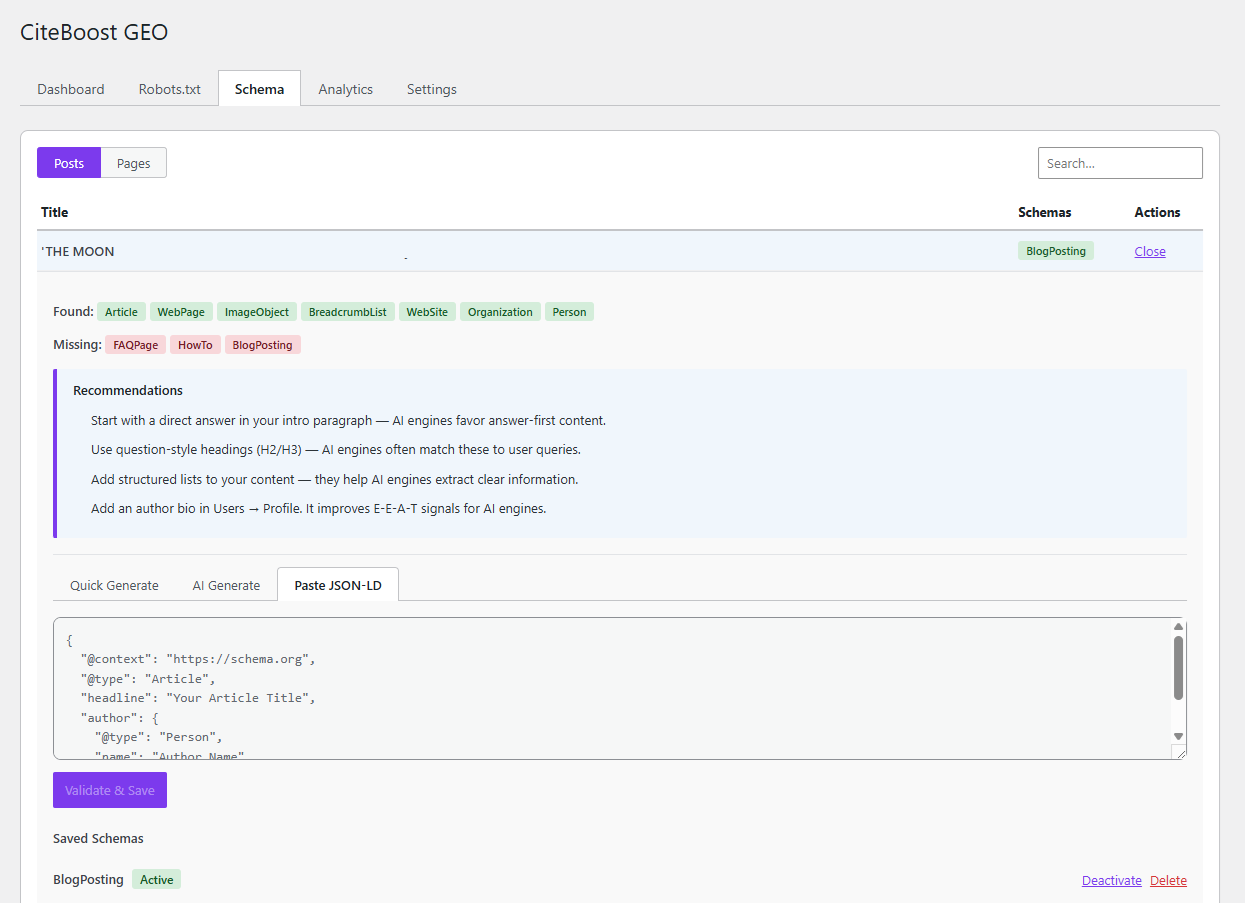 AI schema generation with type selection and JSON-LD preview