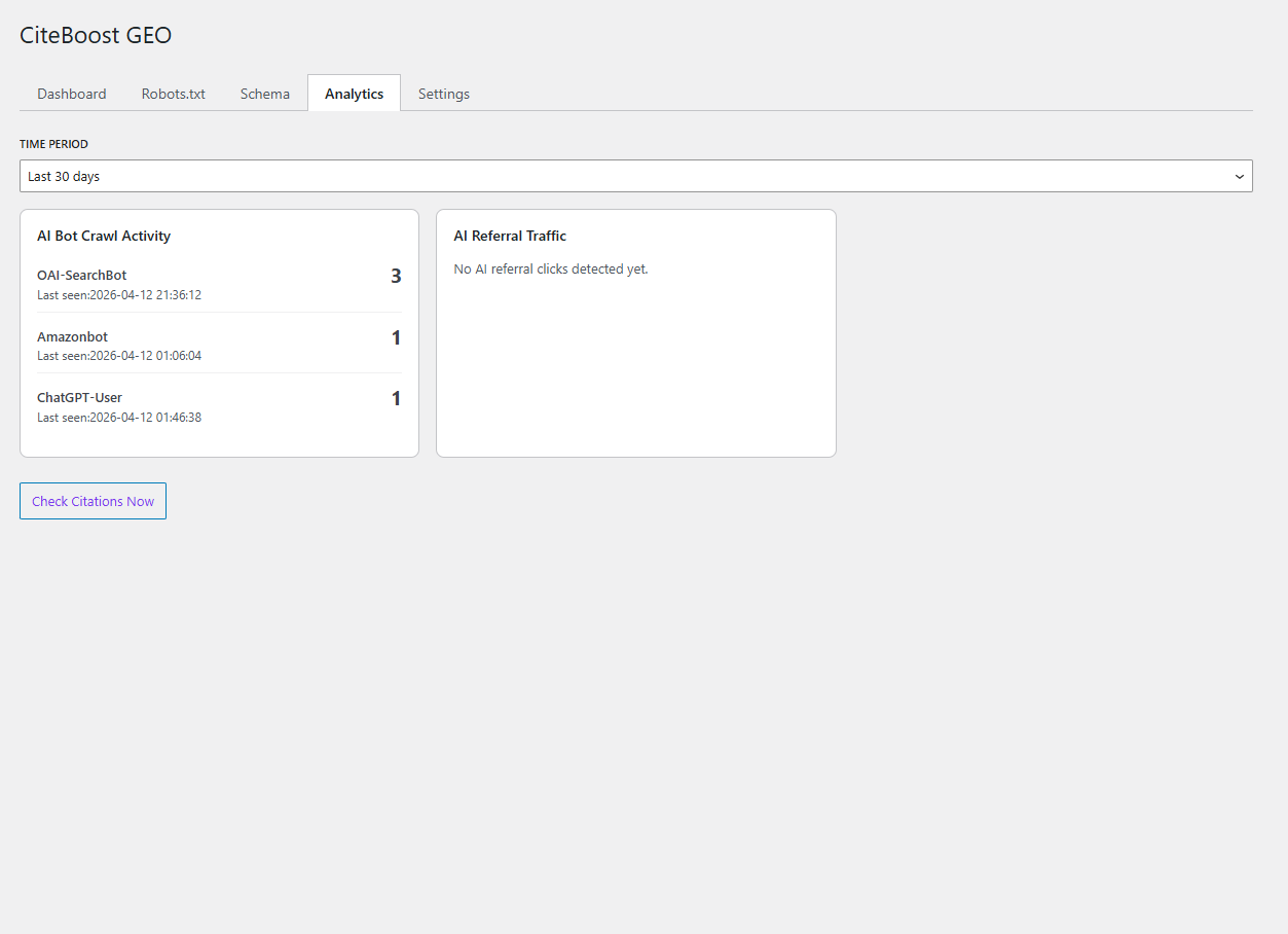 Analytics tab showing bot crawl history and citation monitoring