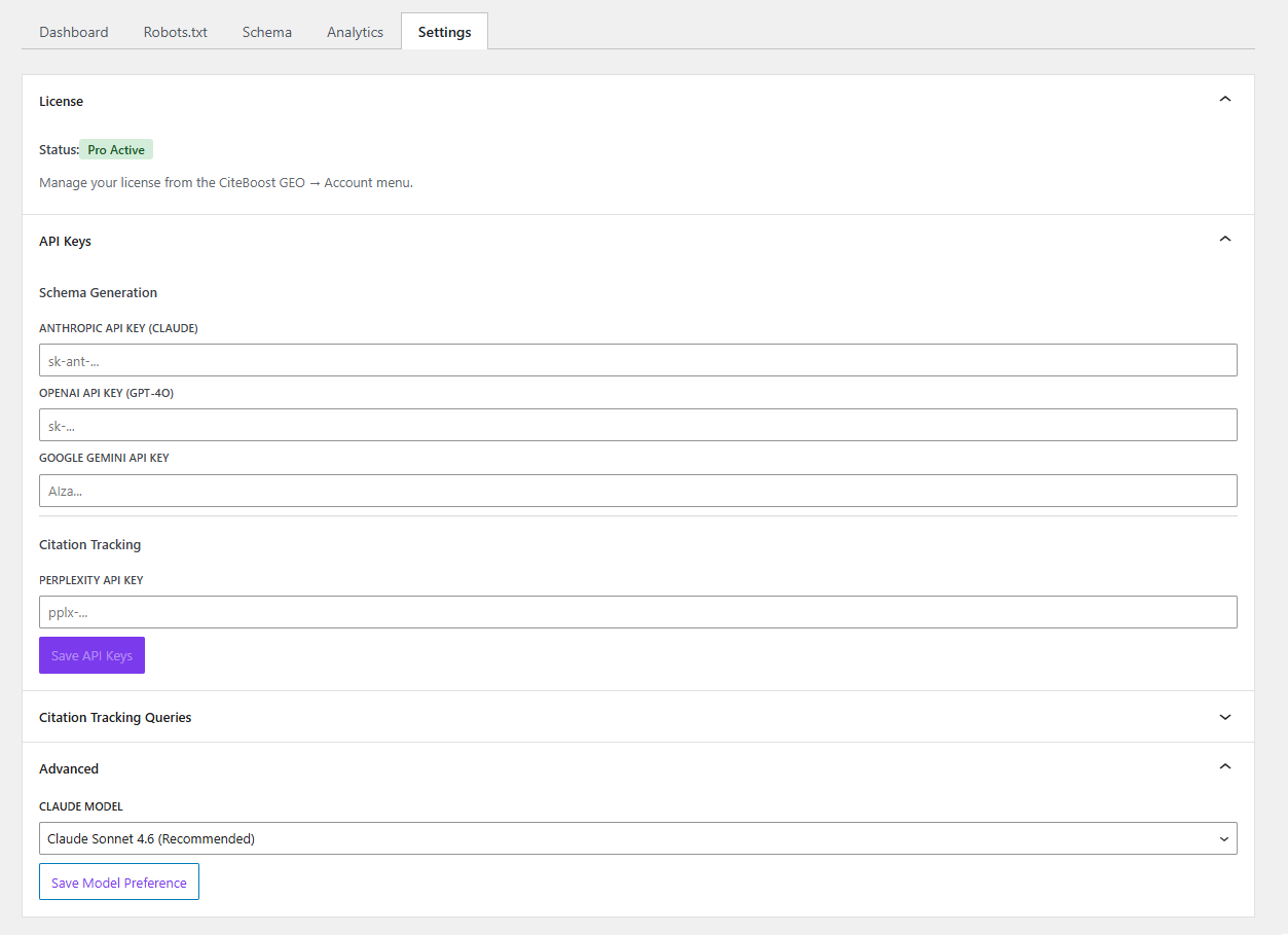 Settings panel with API key management and model selection