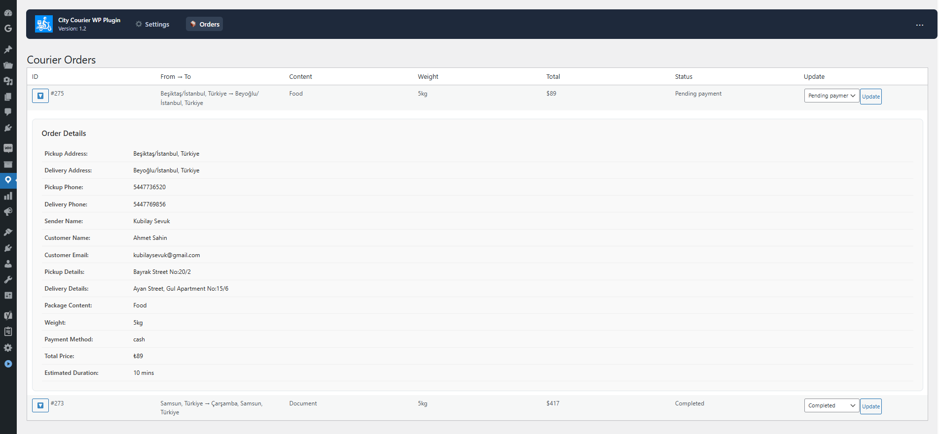 Admin orders list – manage courier orders from the dashboard.