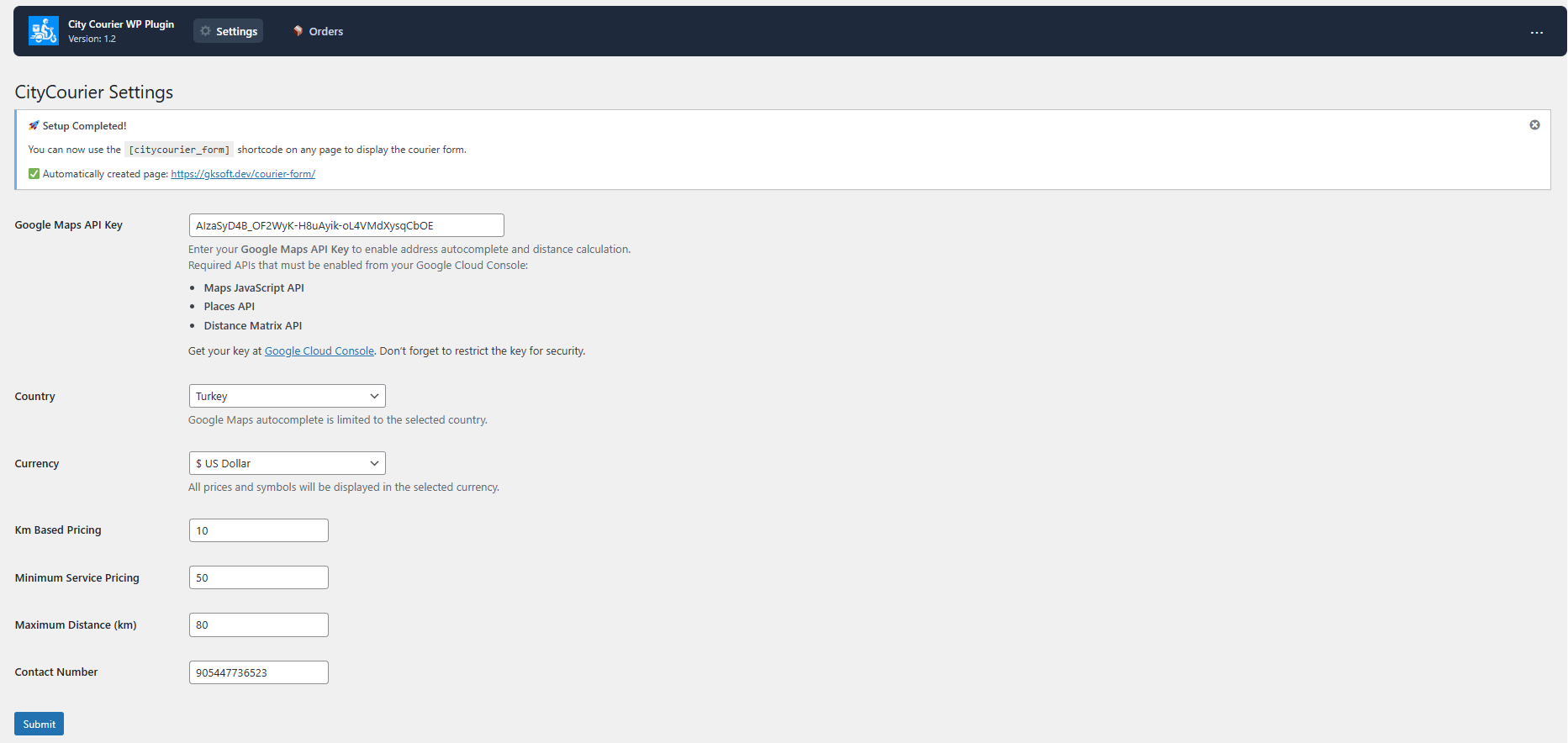Plugin settings page – configure pricing, API keys, and currency.