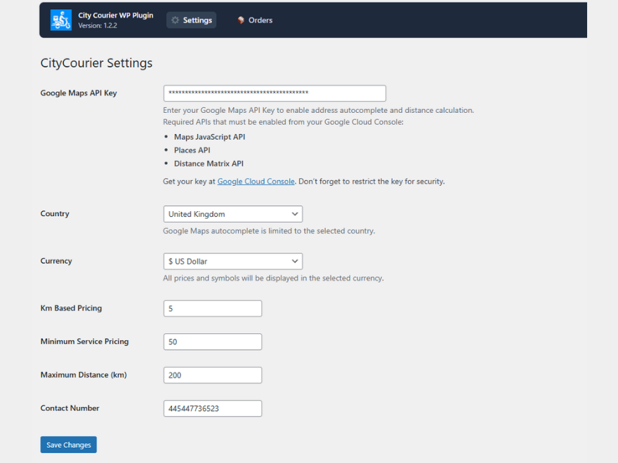 Plugin settings page – configure pricing, API keys, and currency.
