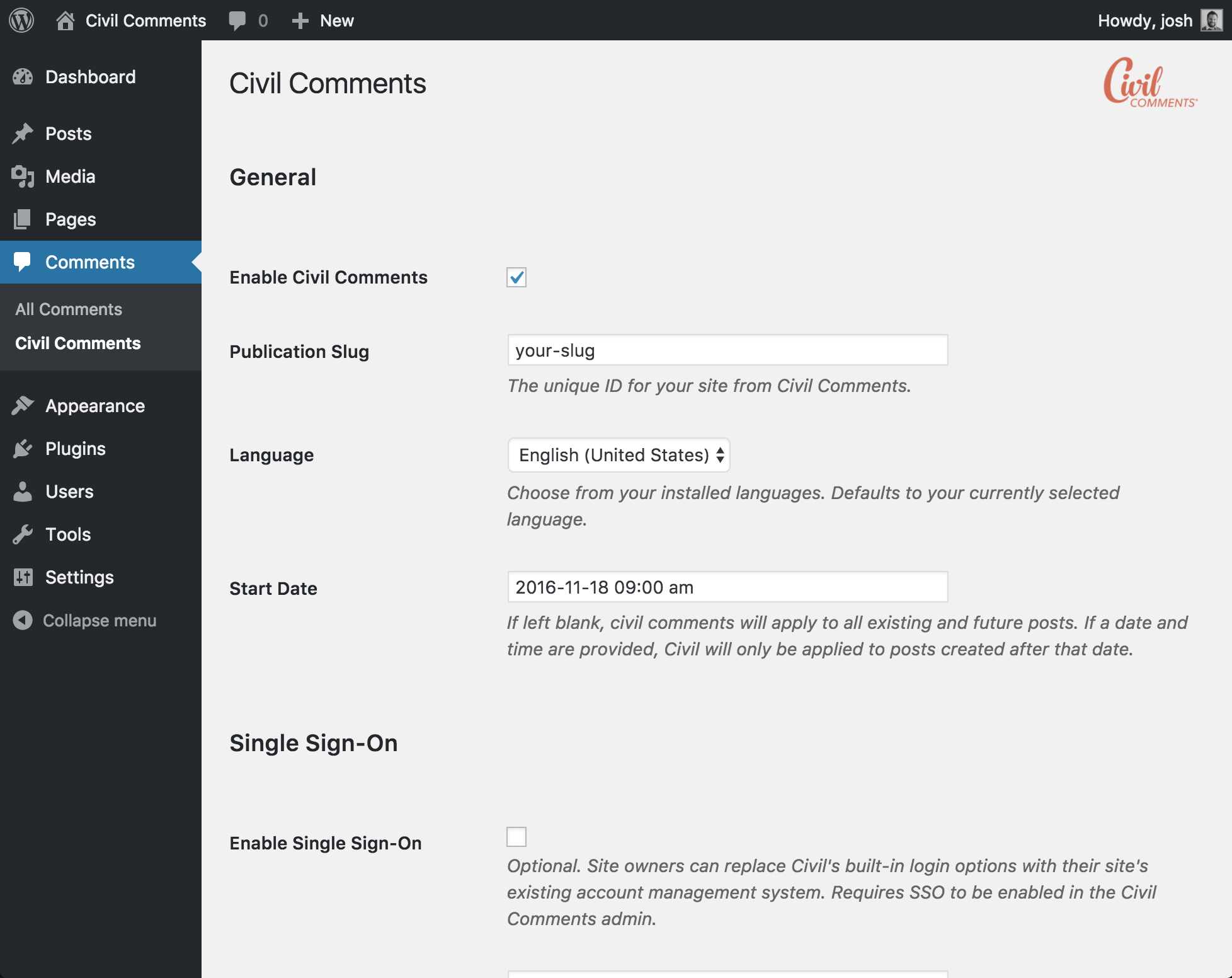 The Civil Comments settings page.