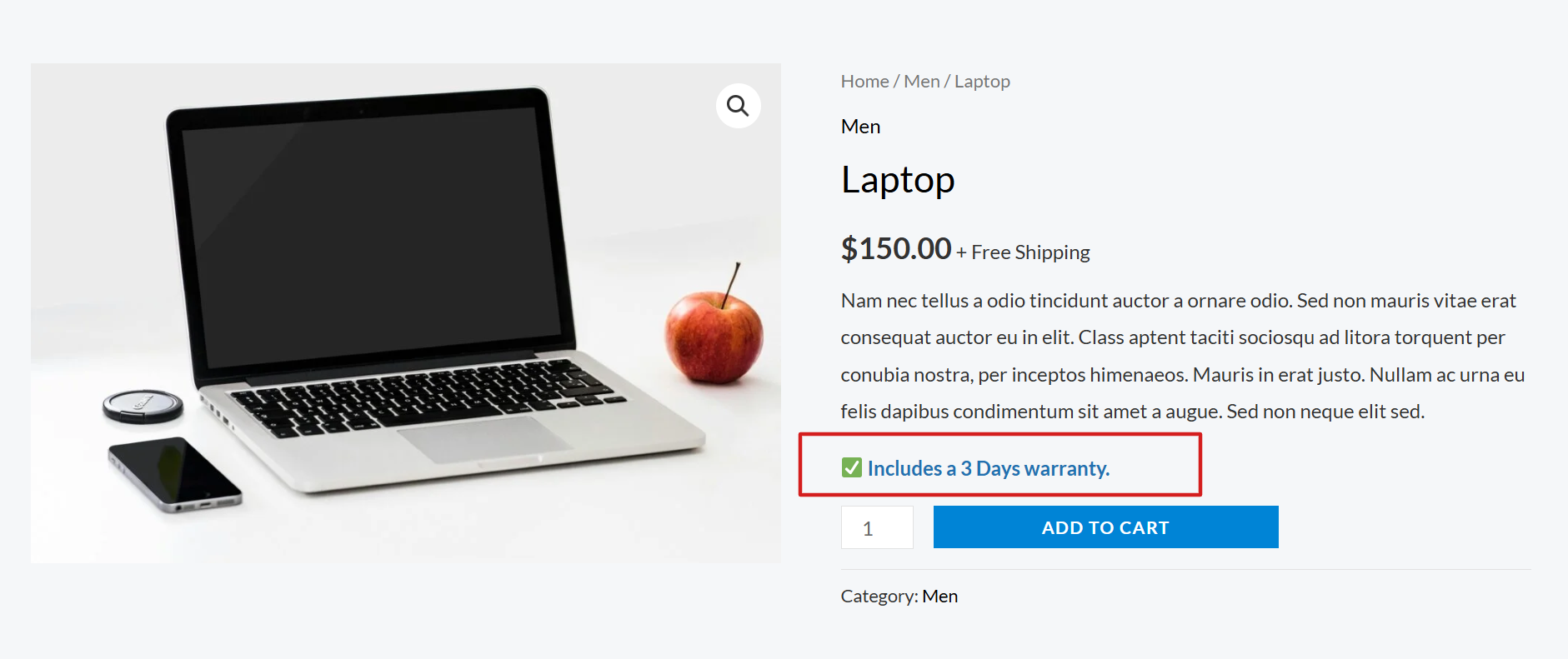 The frontend view showing the included warranty information to the customer.