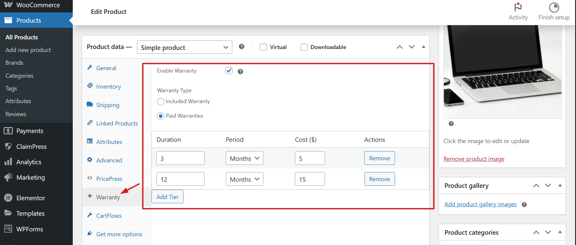 Create multiple distinct "Paid Warranty" tiers with custom durations and pricing.